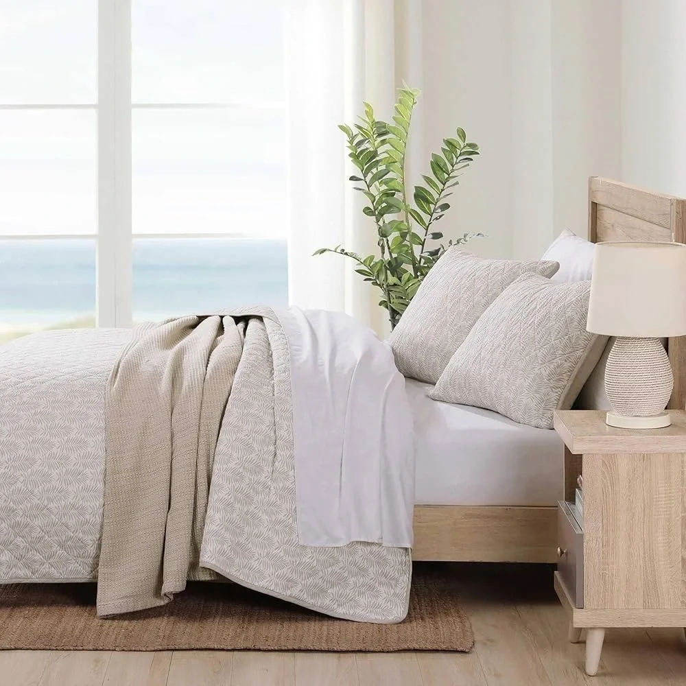 Tommy Bahama Queen Quilt Set, Reversible Cotton Set Shams,Frond Leaf Khaki,Queen